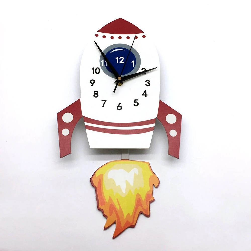 Nordic ins Style Cute Rocket Clock Fashion Kid's Room Decal Wall Clock PVC Foam Pendulum