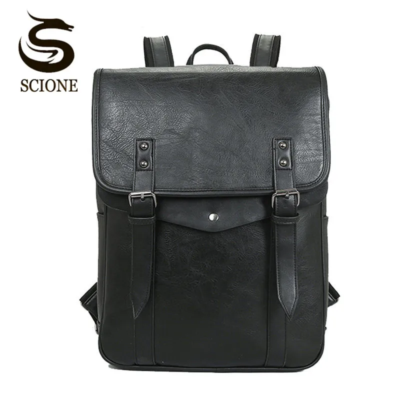 Scione Men Backpacks PU Leather Rucksack Women School Bag For Teenager Black MaleFemale Backpack Travel Bolsas Mochila Feminina