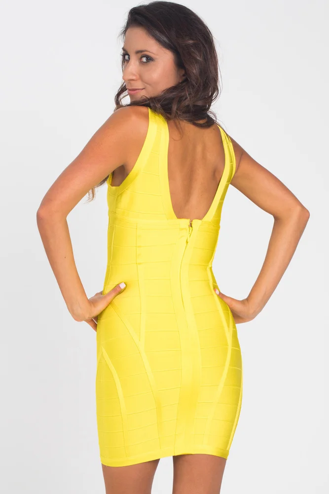 Дешевые Желтый района Глубокий V шеи новые модные пикантные женские летние Клубная вечеринка HL облегающее Бандажное платье