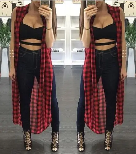

2016 Women Ladies Sleeveless Cardigan Woman Boho Maxi Front Open Long Plaid Checks Coat Cardigan long style blouse tops women