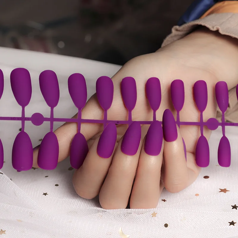  False Nail with glue Women Nail Art Decorations 24pcs Fake Nails Solid Color Frosted Matte Full Cov