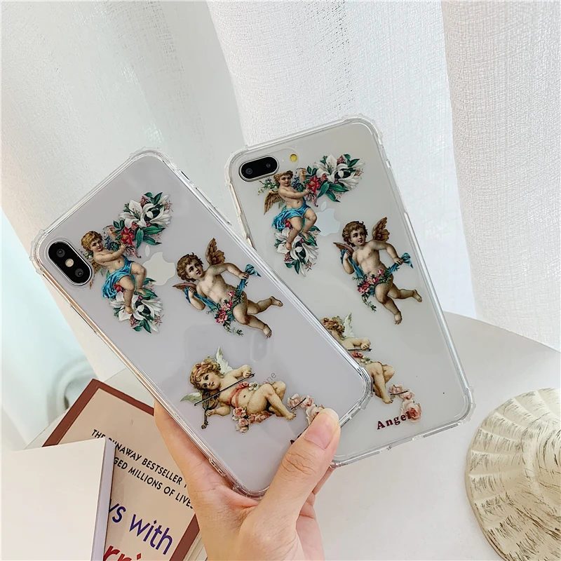 Roman mythology Angel Cupid Art Paint Case for iPhone X Xs Max XR 6 6s 7 8 plus cute flower Clear soft silicon Phone Cover Coque