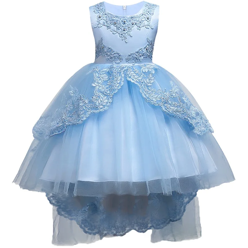 Кружевное платье для девочек от 3 до 14 лет, летнее платье высокого качества, кружевное платье без рукавов, со шлейфом платье принцессы для девочек Одежда для свадьбы, дня рождения Одежда для детей - Цвет: linght blue