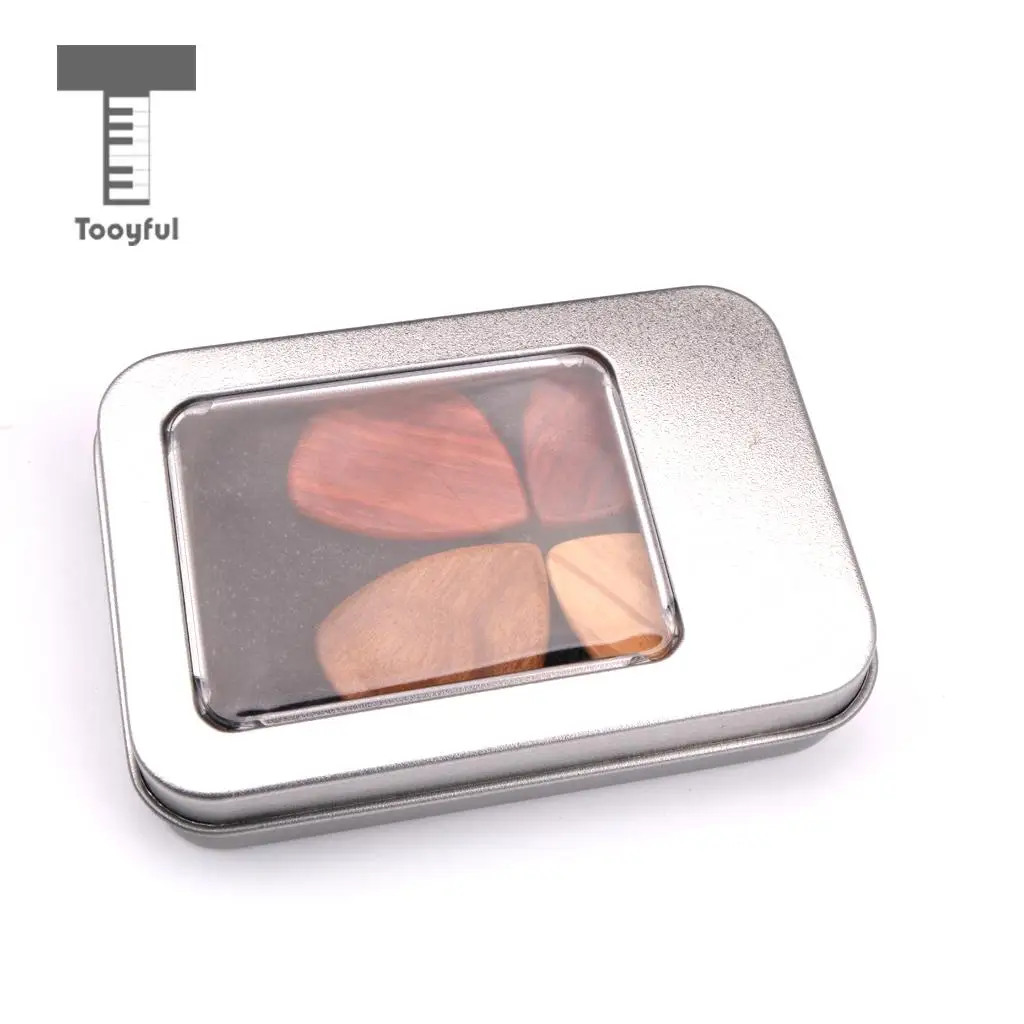 Tooyful Exquisite 4pcs Wooden Guitar Plectrums Picks with Iron Box Set Musical Instrumnet Parts for Guitar Bass Mandolin Banjo