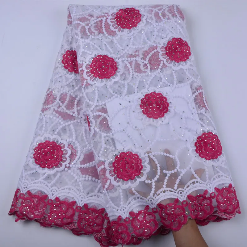 

Latest White And Fuchsia French Nigerian Lace Fabrics High Quality Tulle African Laces Fabric Wedding African French Tulle S1363
