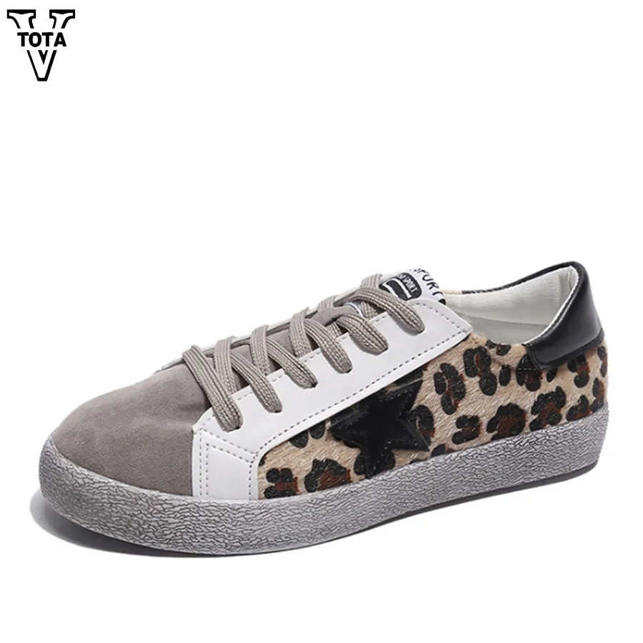 

VTOTA 2018 Sneakers Woman Casual Shoes Breathable Autumn Spring Round Head Lace-Up Leopard Print Flat Shoes Female Dirty Shoes