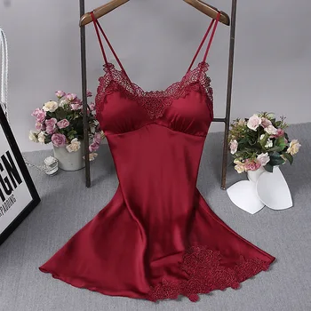 

Women Nighties Night Suit Dress Summer Sexy Nightgowns Sleepwear Satin Nightgown Female Home Dress Elegant Nightwear Chest Pads