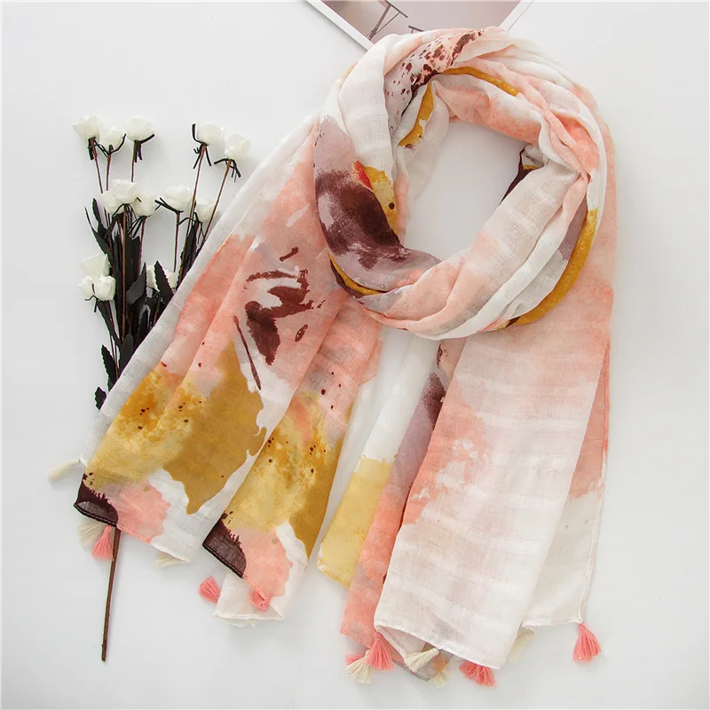 

2018 Spain Luxury Brand Painting Floral Viscose Shawl Scarf Women Muslim Hijabs and Wraps Autumn Winter Pashmina Foulards Stole