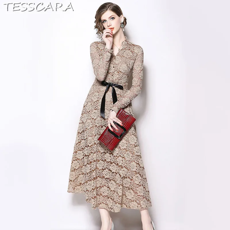 

TESSCARA Women Elegant Lace Dress Festa Female High Quality Vintage Retro Designer Vestidos Casual Long Office Party Robe Femme
