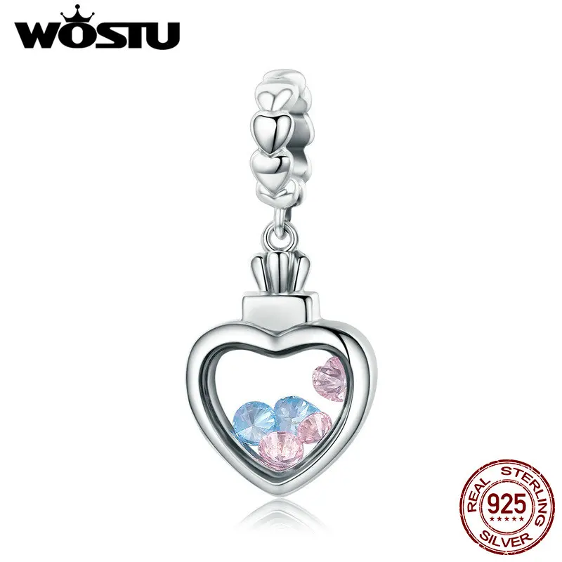 

WOSTU Authentic 925 Sterling Silver Color Round CZ Stone Inside Memory Box Heart Pendant fit for Female Bracelet Necklace FIC588