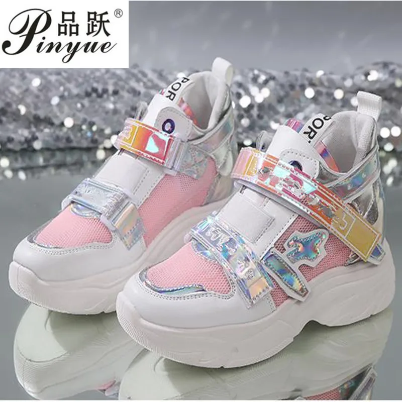 

2019 Spring Summer Glitter Women Sneakers Fashion Mixed Colors Hook&Loop Wedges Chunky Shoes Soft Sole Woman Vulcanize Shoes