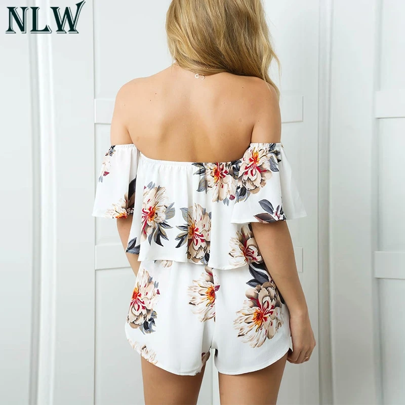 NLW Белый Boho комбинезон с принтом открытыми плечами и рюшами Летний шифоновый боди