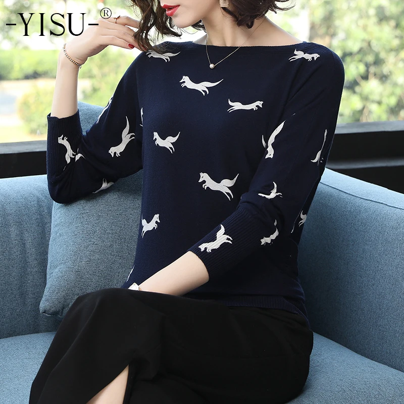 

YISU Printed Sweater Women Loose Pullovers Women Fashion o Neck Fox pattern print Long sleeve Knitted Sweater Loose Sweater