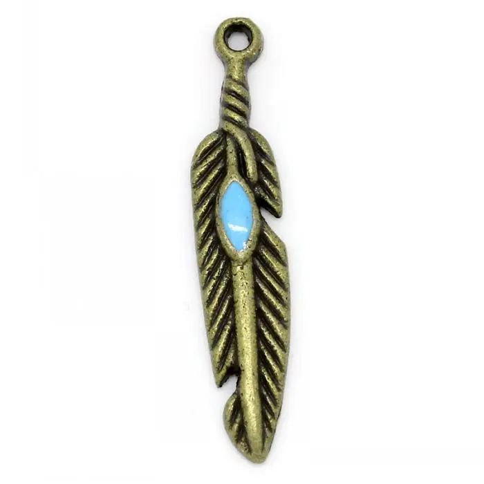 50Pcs Antique Silver Feather Shape Blue Enamel Charms Pendant for Jewelry Making