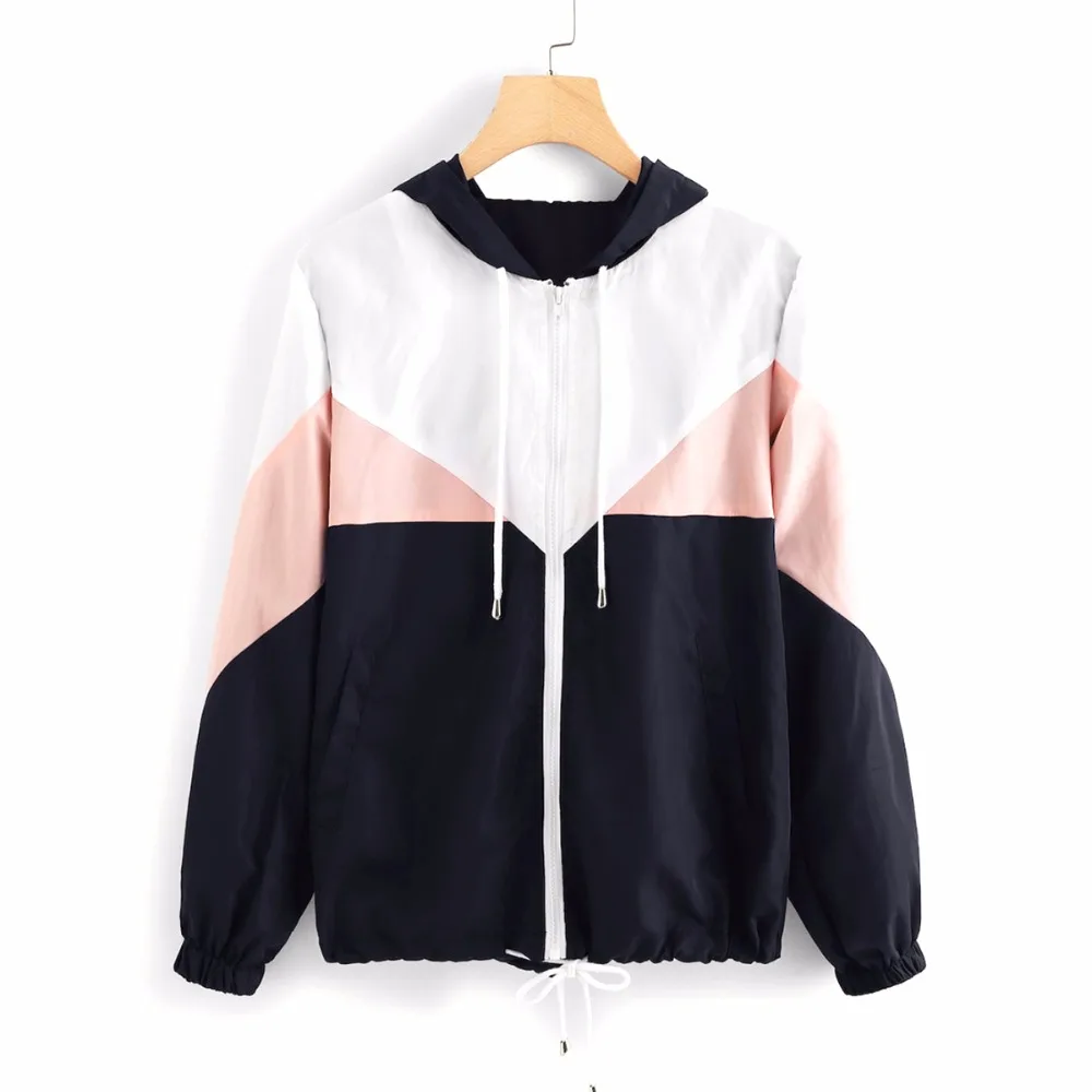 

Autumn New Color Block Contrast Drawstring Hooded Zip Up Pink Jacket Female Casual Coat 2018 Autumn Clothing Spring Outerwear