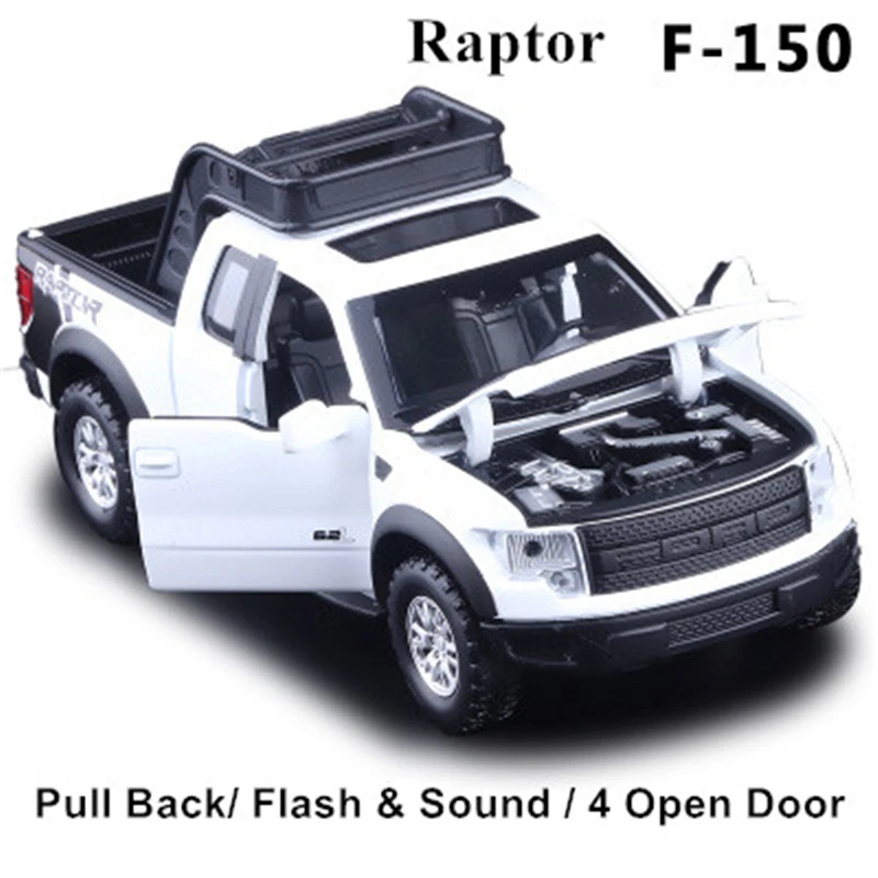 1:32 Ford Raptors F150, модель автомобиля из сплава, игрушка с оттягиванием, флеш и музыка, литье под давлением, металлический пикап, модель, классический американский автомобиль для мальчиков