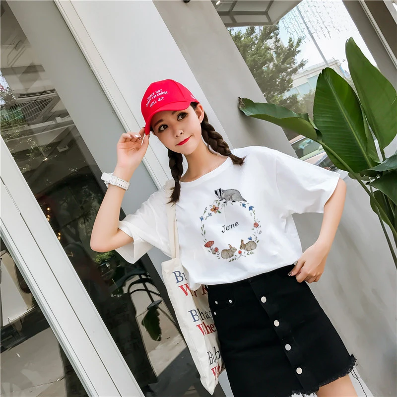 

2019 New Summer Graphic rabbit Letter t shirt Women Casual Funny For Girl Top Tee Hipster Korean Style Plus size Drop Ship