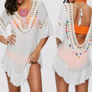 

Summer Beach Wear Bathrobe Tunic Dress Cape Women Towel Cover Ups 2019 New Sexy Hollow Shaped Backless Bind Color Ball 271