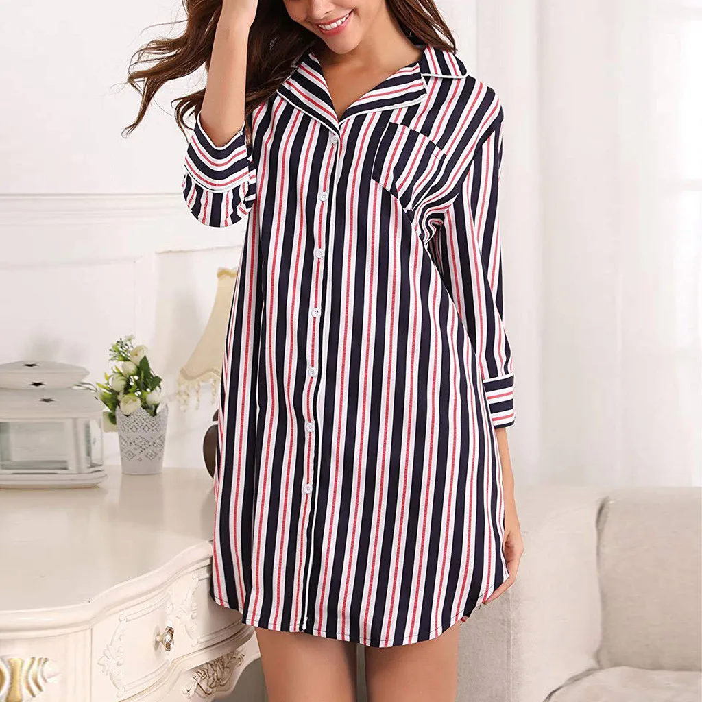 

Hot Sale! New Fashion Women's Boyfriend Sleep Shirt Dress 3 Color Striped Button Down Cotton Nightgown Pajama Plus Size S-2XL