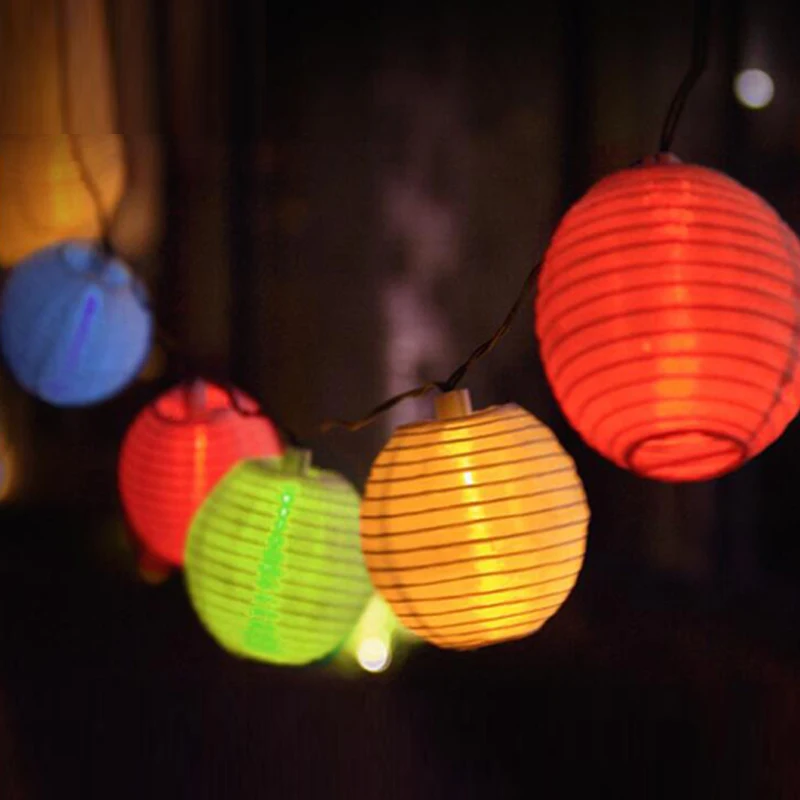 Lantern LED Solar String Lights Outdoor Globe Lights Warm White/Multi Color Fabric Ball Christmas Lights for Garden Path Party