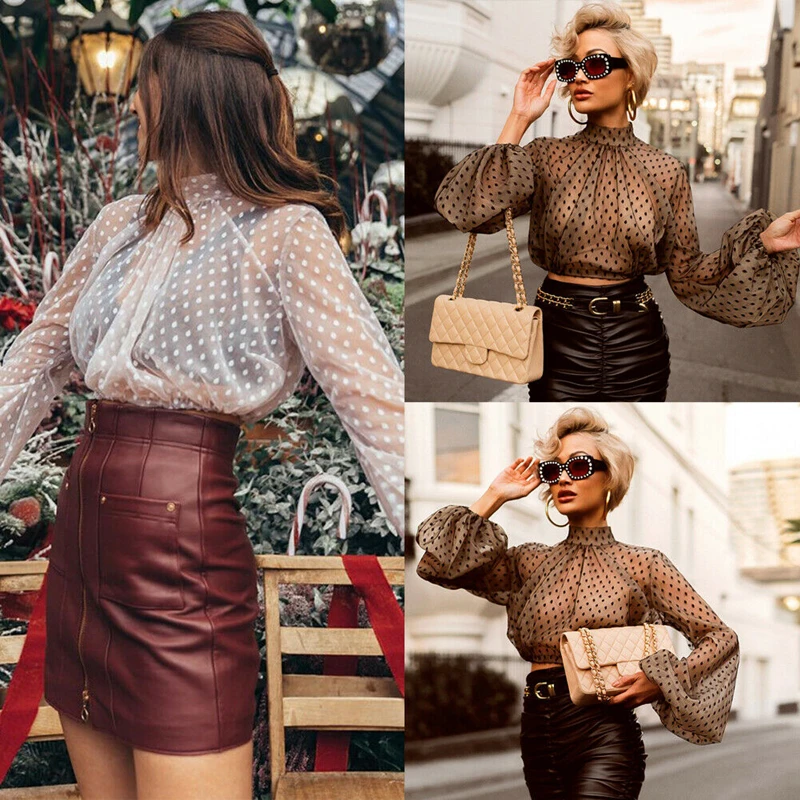 

Women's Loose Long Lantern Sleeve Casual Polka Dot Print Blouse Shirt Tunic Tops Fashion Blouse Pullover