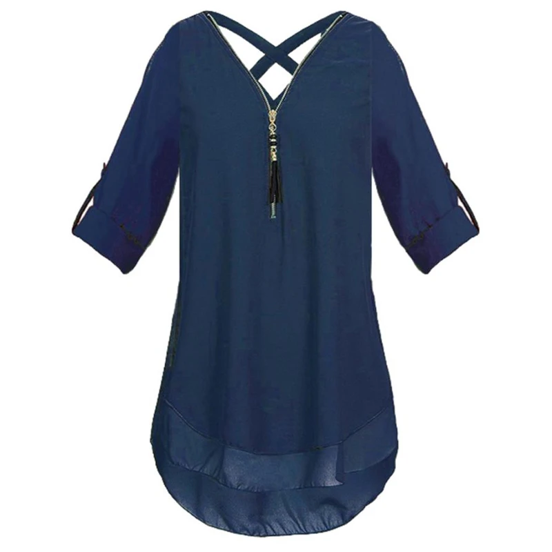 

CHAMSGEND blusas mujer de moda 2018 Womens V Neck Zipper Pure Color Chiffon Casual Loose Tops Tunic Blouse O0707#30