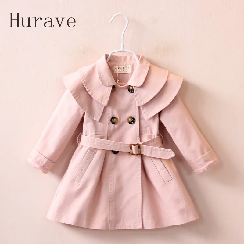 Image 2016 Winter New Ruffles Collar Fashion Girl Outfits Double Breasted Belt Girls Coats Jackets Pink Khaki for 2 7 Years