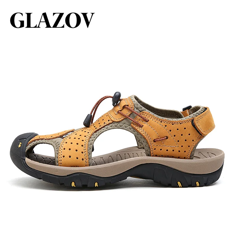 GLAZOV/брендовая мужская обувь из натуральной кожи; сезон лето; Новинка; мужские сандалии; модные сандалии; шлепанцы; большие размеры 38-45 - Цвет: Khaki
