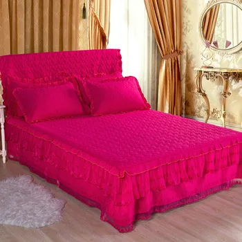 

Thicker Warm Red Bedspread Fitted Sheet Pillowcases Cotton 1/2/3pcs Graceful Lace Bedding Bed skirt Wedding Housewarming Gift