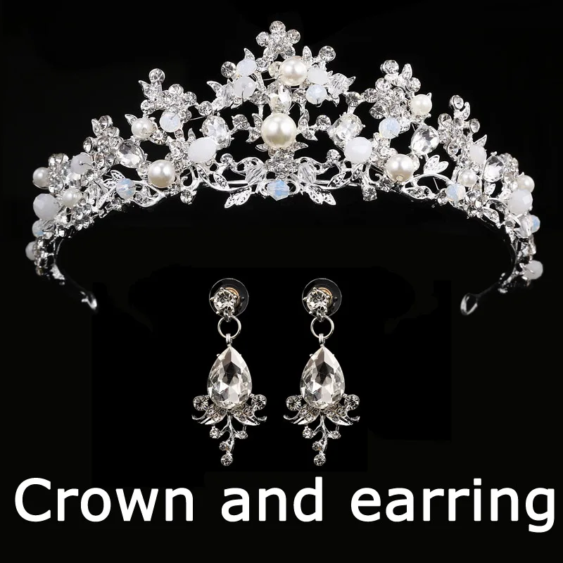 Свадебная Корона, королевская свадебная тиара, свадебная корона с серьгами, роскошные стразы, повязка на голову, диадема, украшение для волос невесты - Окраска металла: silver