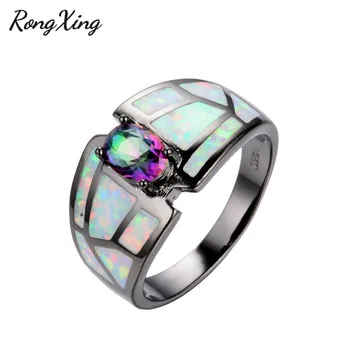 

RongXing Charming Rainbow Zircon White Fire Opal Ring Men Women Engagement Jewelry Black Gold Filled Wedding Rings Bijoux RB0250