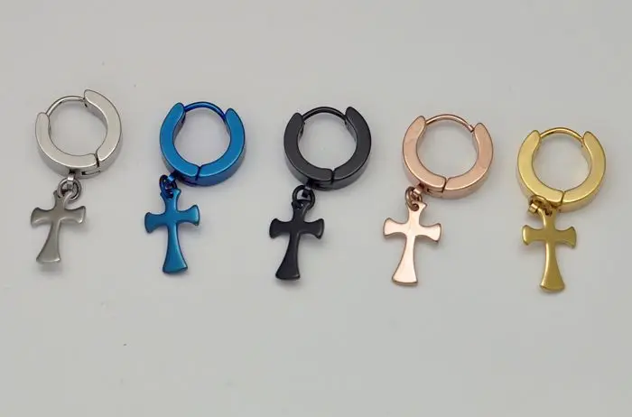 

free shipping 4mm mix 5 colors 100pcs stainless steel men's punk earrings with cross dangle body piercing jewelry mix lots