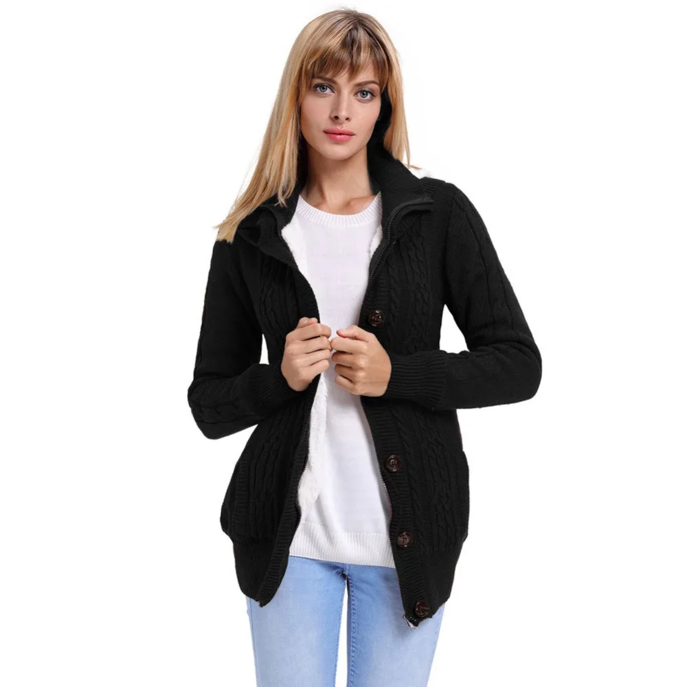 2019 Spring/ Autumn New Arrival Women Knitted Sweater Button Design Solid Color Hooded Coat 2019 Spring/ Autumn New Arrival Women Knitted Sweater Button Design Solid Color Hooded Coat