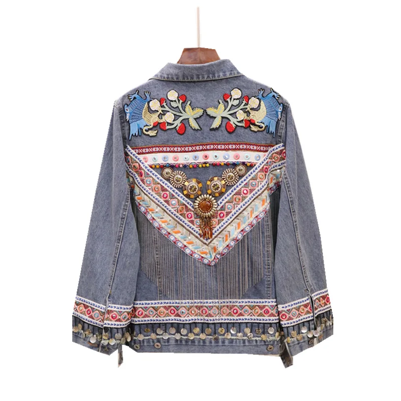 

Chinese Style Denim Jacket Floral Embroidery Patchwork Tassel Jean Coat Female Casual Loose Bf Style Retro Jean Jacket For Woman