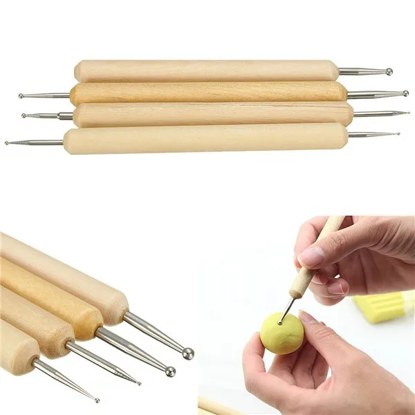 4pcs/set Ball Stylus Polymer Clay Tools Pottery Ceramics Sculpting Modeling Wooden Handle
