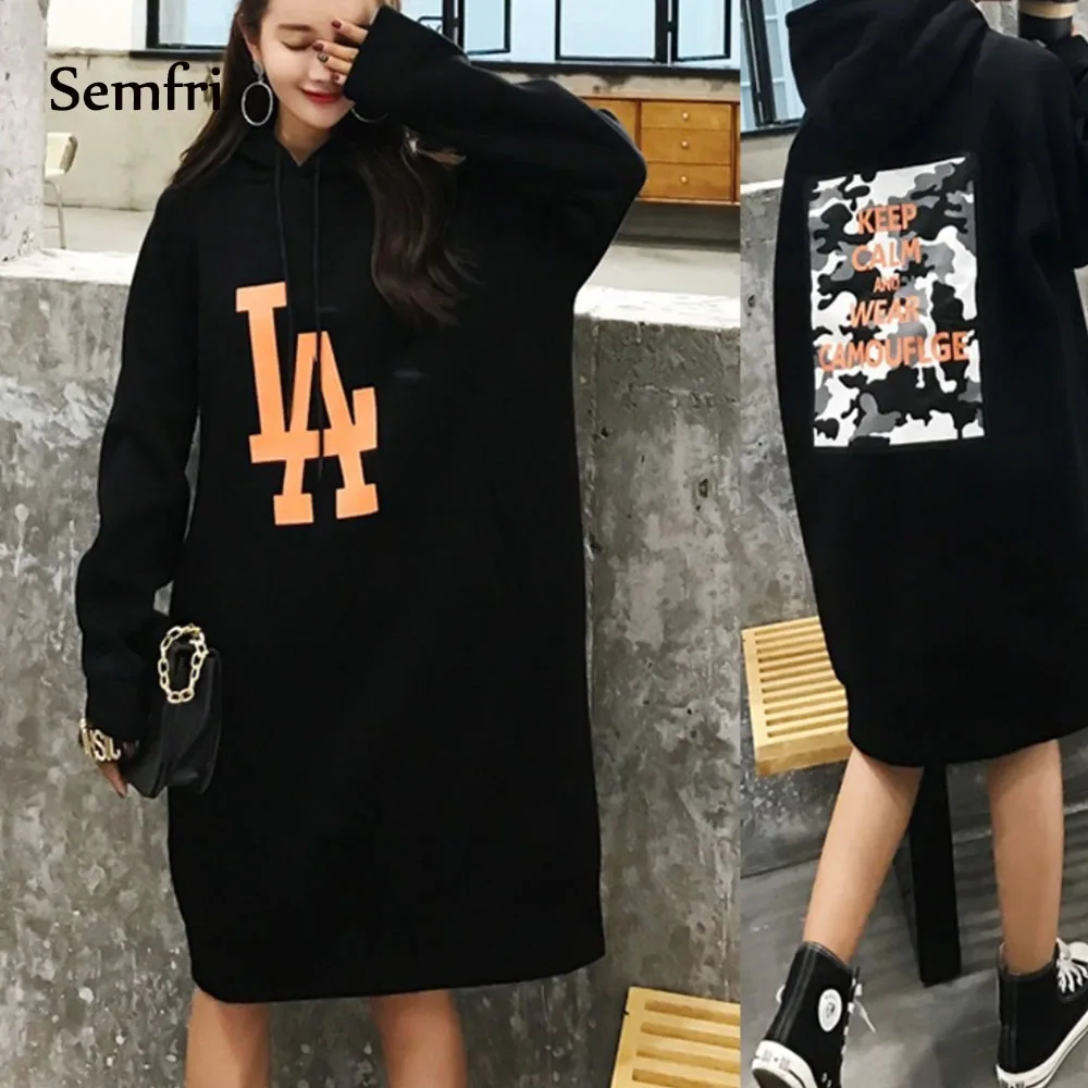 Semfi Black Hoodie Sweatshirt Dress Women Loose Oversized Long Spring Autumn 2019 Casual Print Floral Plus Size Harajuku