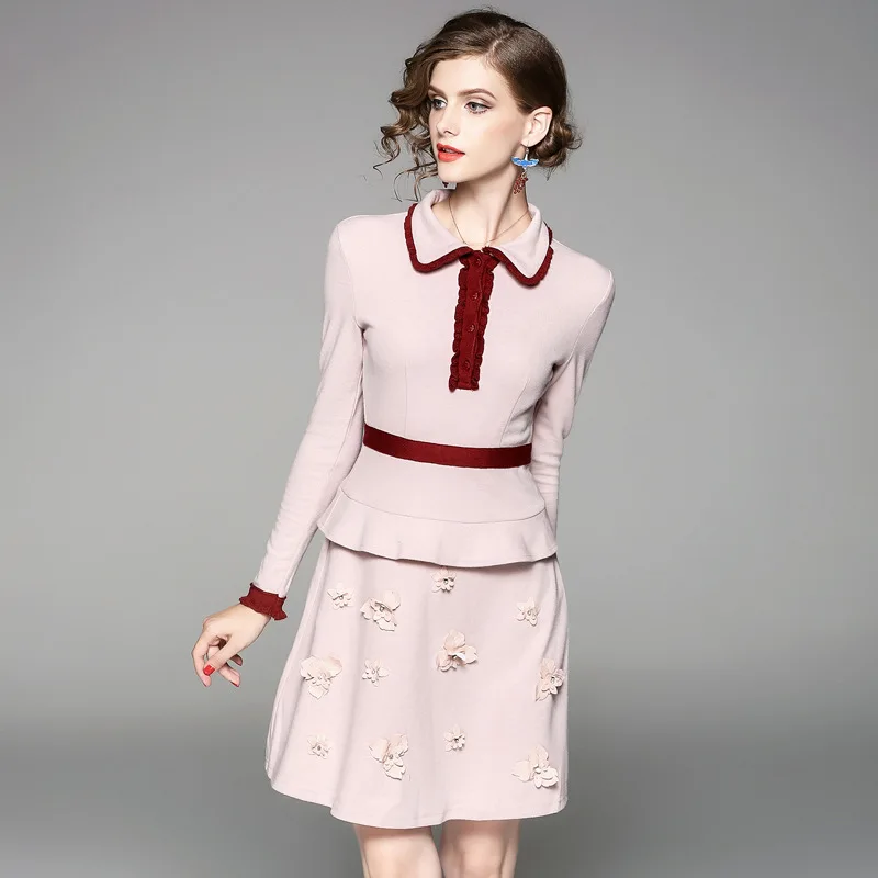 

High Quality Fashion Women Runway Dress 2017 Autumn Winter Dress Long Sleeve Color Block Beading Sweet Knitted Sweater Dresses