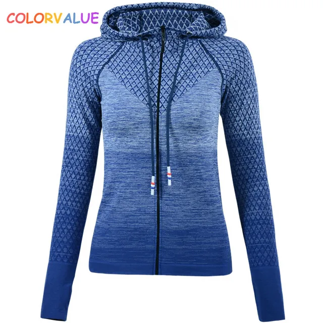 US $16.91 Colorvalue Gradient Color Gym Sport Coat Women Slim Fit Zipper Running Jacket Hooded Fitness Workou