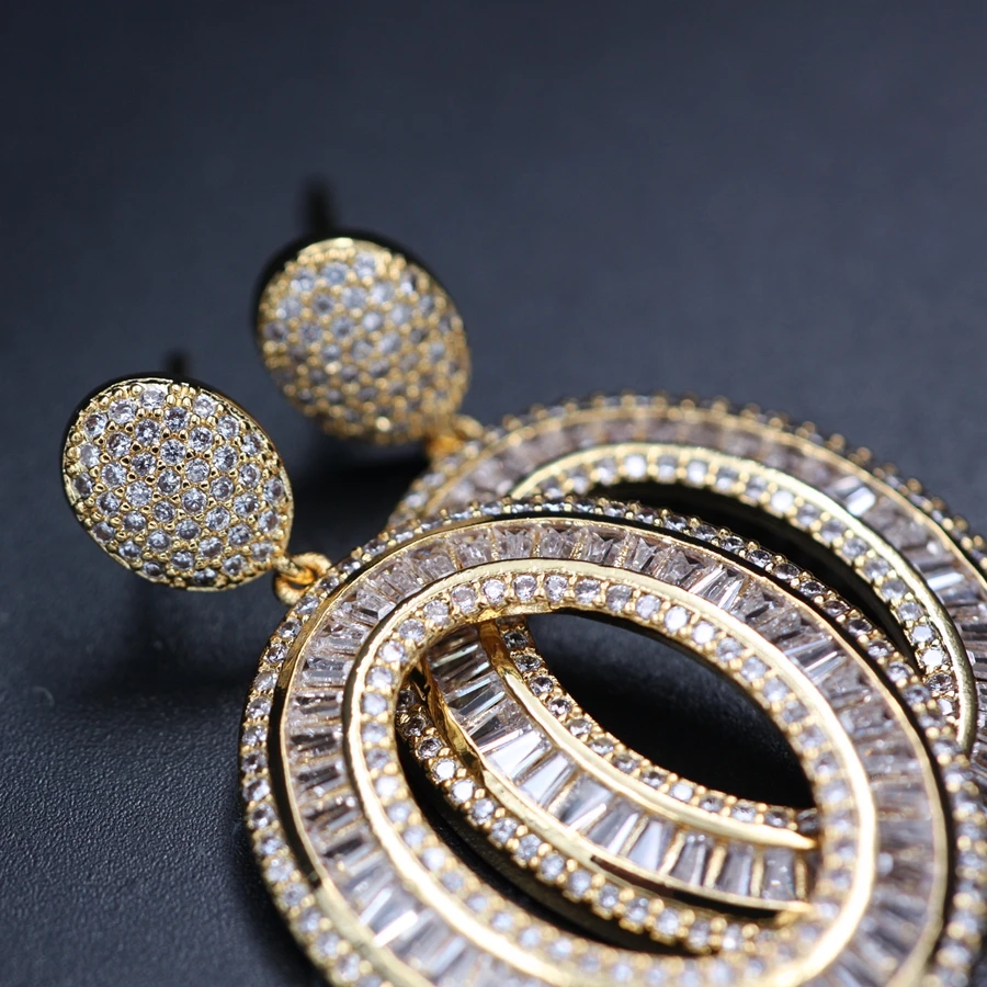 Винтажные полые большие золотые серьги с геометрическим орнаментом для женщин, сверкающие, полностью покрытые цирконием ААА, серьги-капли, ювелирные изделия для невесты