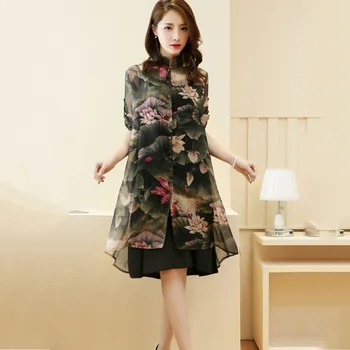 

Women Knee-Length Dress + Print Chiffon Covers Up Suits Fashion 2 PCS Sets