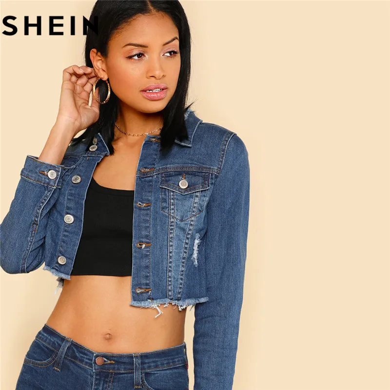 Buy SHEIN Women Blue Long Sleeve Short Casual Denim