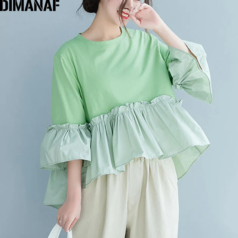 

DIMANAF Plus Size Women Blouse Shirts Lady Tops Tunic Cotton Summer Pleated Ruffles Loose Casual Female Clothes Solid Green 2019