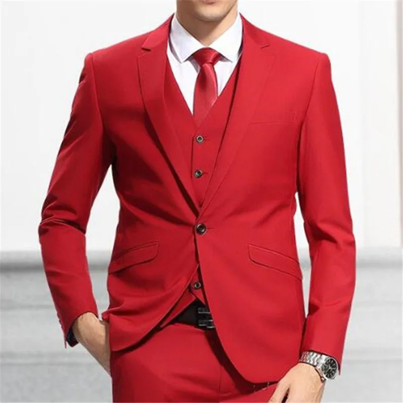 2018 отделка Fit лацканы Красные Свадебные Жених Для мужчин костюмы смокинг One Button 3 предмета Вечеринка Для мужчин S костюм для masculino