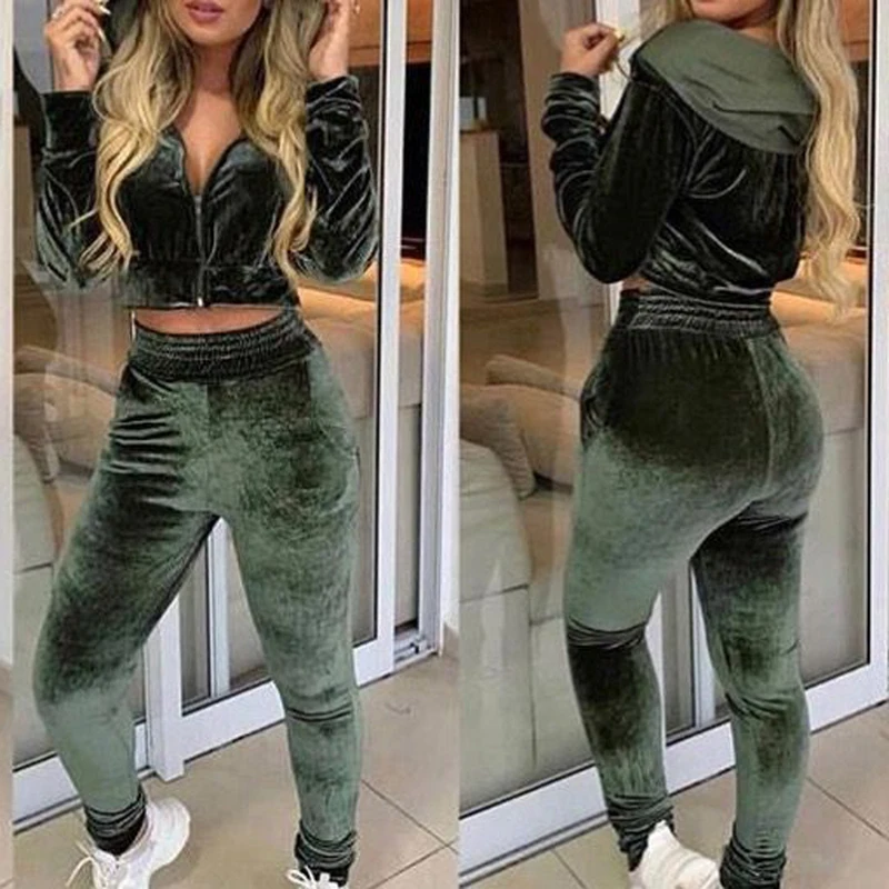 

2019 Women's Velvet Fabric Tracksuit Long Sleeve Hoodies Coat Spring Fall Sports Suits Velour Trousers Women Track Suit Pants