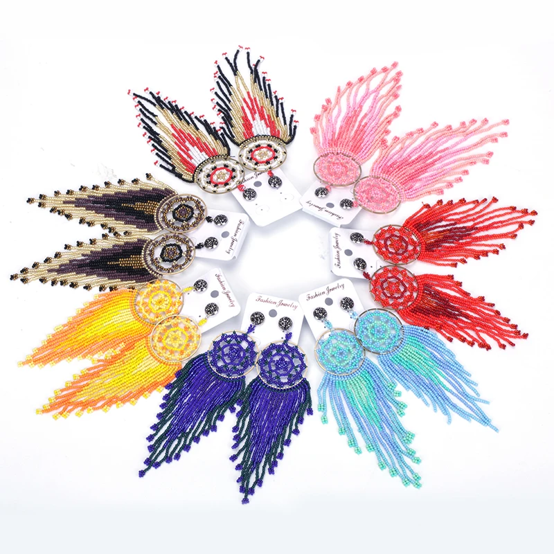 

dankaishi Bohemian Women Jewelry Glass Crystal Beads Tassel Drop Earrings Round Circle Charm Colorful Beads Ethnic Accessories