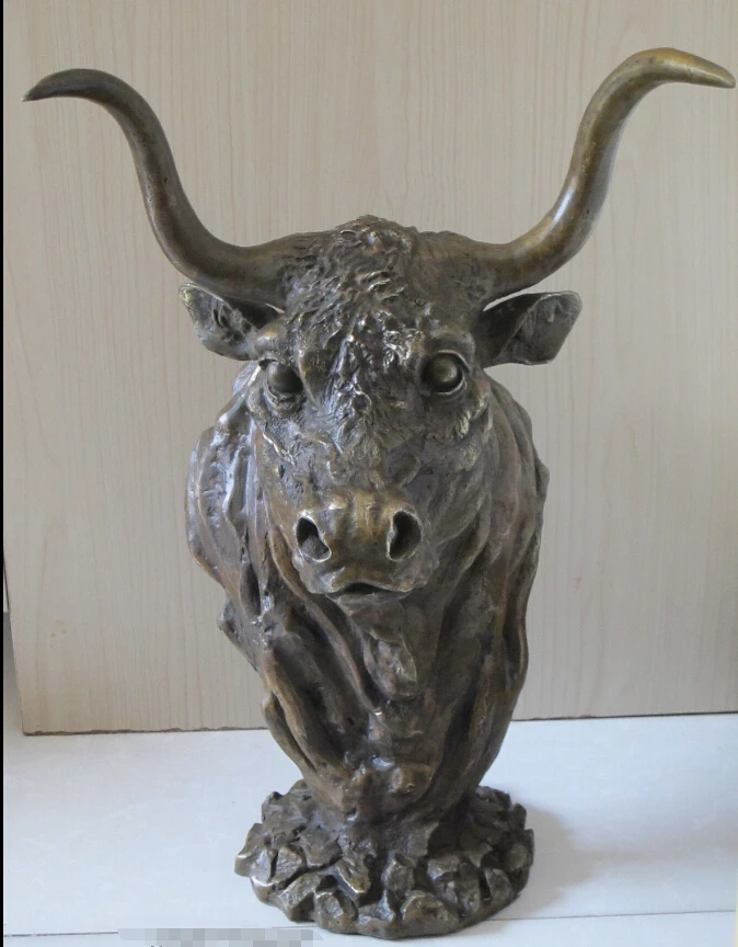 

20"Western Art Bronze sculpture Bull Ox Head Statue Copper Art Ox Horn statue