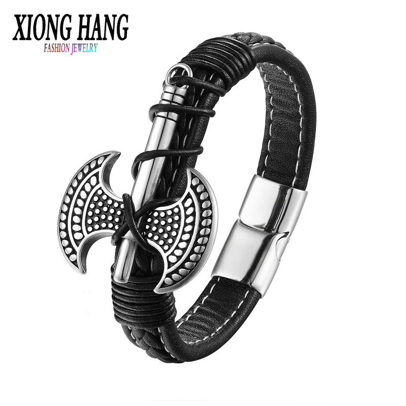 

Brand Xiong Hang Mens Bracelets Punk Leather With An Ax Bracelets Bangles Magnet Buckle Bracelet Axe Men Jewelry Good Shipping