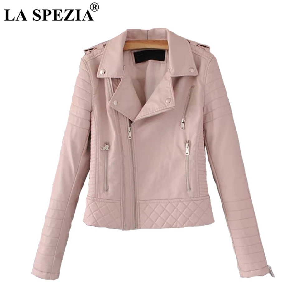 LA SPEZIA Leather Jacket For Women White Motorcycle Rock Coat Ladies Biker Punk Zipper Pockets Autumn Winter Jackets Fashion