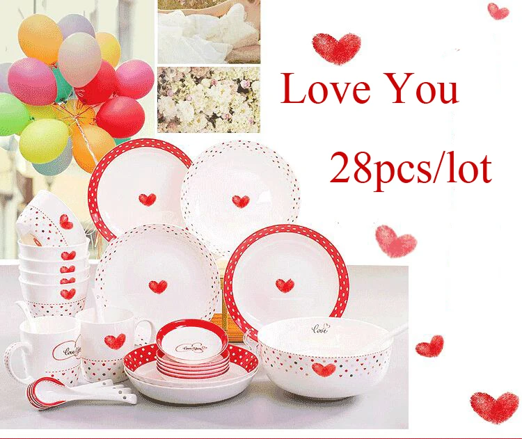 

28-piece set, wedding gift lover design, real fine bone china dinner set, japanese porcelain dishes, ceramice dinner plates