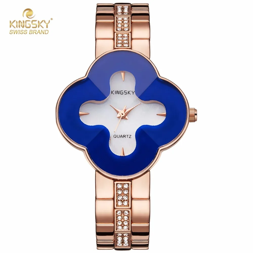 

Unique Design Women Watch Brand KINGSKY Four Leaf Clover Shape Case Rhinestone Alloy Strap Quartz Watch 1811# 2017 New